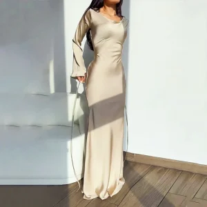 Womens Dress 2024 Long Dresses White Slightly Transparent Round Neck Satin Flare Sleeve Lace Up Evening Party Dresses Sexy Dress