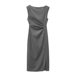 Autumn new women's clothing fashion temperament waist pleated decoration round neck sleeveless long skirt Midi dress