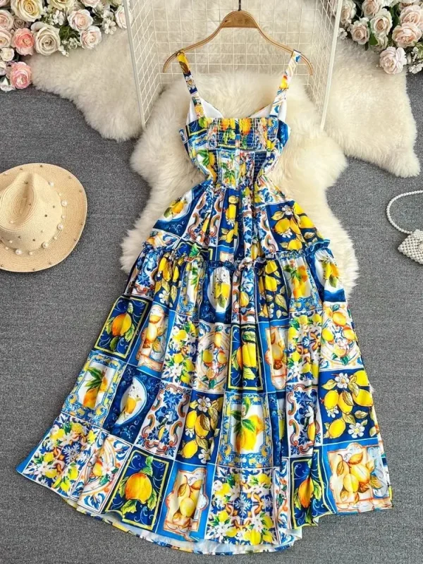 Summer Runway Holiday Flower Printed Bowknot Midi Dress Women's Spaghetti Strap Backless Zipper Beach Long Party Vestidos - Image 2