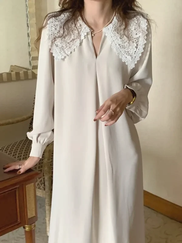 Vintage Turn Down Collar Ladies Y2k Dress 2025 Autumn Women A-line Lace Patchwork Dresses Long Sleeve Loose Temperament Vestidos - Image 5