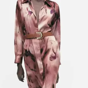European style new women's fashion French style with belt waist slimming long sleeve satin texture dress