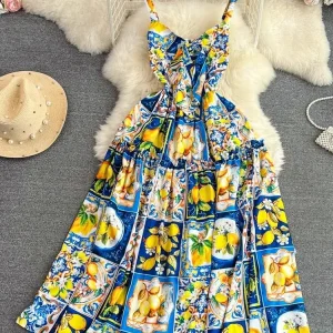 Summer Runway Holiday Flower Printed Bowknot Midi Dress Women's Spaghetti Strap Backless Zipper Beach Long Party Vestidos