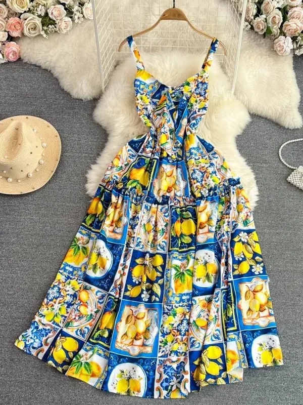 Summer Runway Holiday Flower Printed Bowknot Midi Dress Women's Spaghetti Strap Backless Zipper Beach Long Party Vestidos