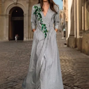 Freeacy Women's Striped Dress V-neck Long Sleeves High Waist Printed A-line Shirt Dresses Spring and Summer Fashion Party Dress