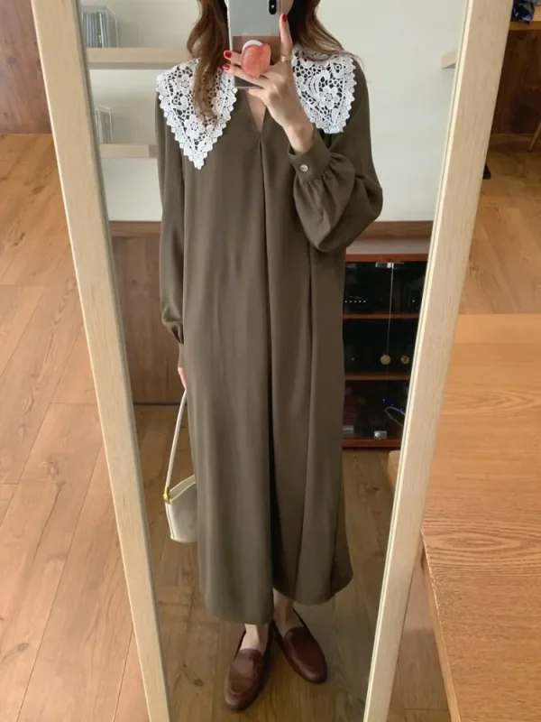 Vintage Turn Down Collar Ladies Y2k Dress 2025 Autumn Women A-line Lace Patchwork Dresses Long Sleeve Loose Temperament Vestidos - Image 4