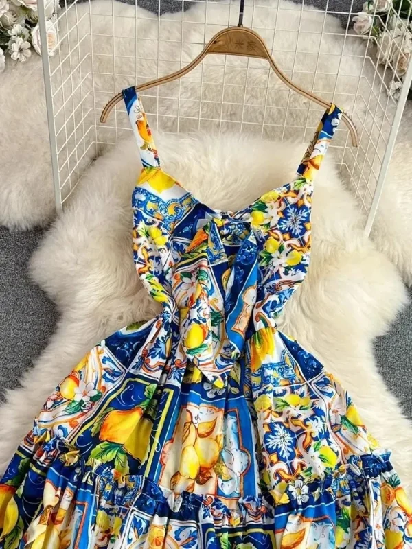 Summer Runway Holiday Flower Printed Bowknot Midi Dress Women's Spaghetti Strap Backless Zipper Beach Long Party Vestidos - Image 3