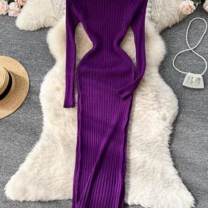 Women Autumn Knitted Dress O Neck Sexy Slim Elastic Oversized Basic Bodycon Long Dress Winter knit Warm Sweater Dresses