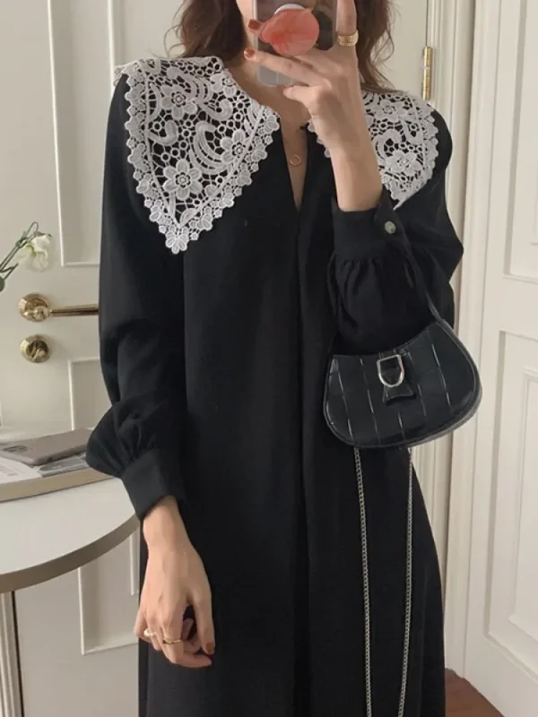 Vintage Turn Down Collar Ladies Y2k Dress 2025 Autumn Women A-line Lace Patchwork Dresses Long Sleeve Loose Temperament Vestidos - Image 3