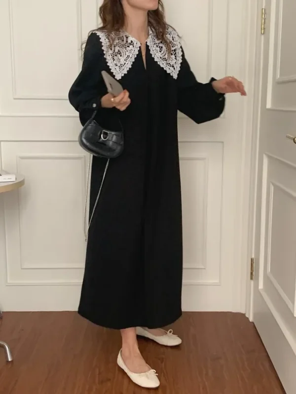 Vintage Turn Down Collar Ladies Y2k Dress 2025 Autumn Women A-line Lace Patchwork Dresses Long Sleeve Loose Temperament Vestidos - Image 6